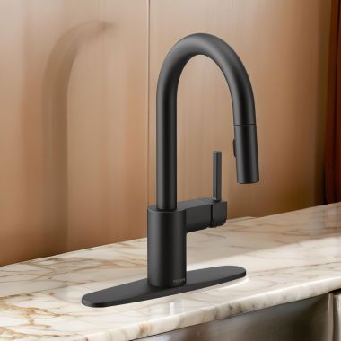 Click here to see Moen 5965BL Moen Align Single-Handle High Arc Pull-Down Bar/Prep Faucet, 1.5 GPM, Reflex, Power Clean, Duralock, Matte Black - 5965BL
