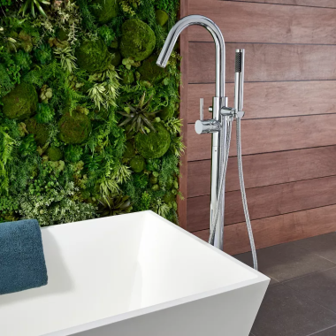 Click here to see Pfister LG6-1MFC Pfister Modern Freestanding Tub Filler Trim, 3-Function Hand Shower, Lever Handle, Polished Chrome - LG6-1MFC