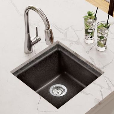 Click here to see Elkay ELG1616BS0 Elkay Quartz Classic Black Shale 15-3/4in x 15-3/4in x 7-11/16in Dual Mount Single Bowl Sink with Rear Center Drain - ELG1616BS0