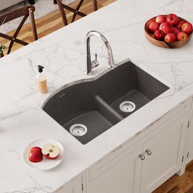 Click here to see Elkay ELGHU3322RSL0 Elkay Quartz Classic Slate 33in x 22in x10in Undermount with Rear Center Drain, Double Bowl Sink with Aqua Divide - ELGHU3322RSL0