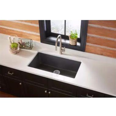 Click here to see Elkay ELGHU3322BS0 Elkay Quartz Classic Black Shale 33in x 19in Single Bowl Undermount Kitchen Sink with Rear Center Drain -  ELGHU3322BS0