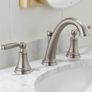 Click here to see Delta 3532LF-SSMPU Delta Woodhurst Widespread Two-Handle Lavatory Faucet with Metal Pop-Up Drain, 1.2 GPM, Lever Handles, Stainless - 3532LF-SSMPU