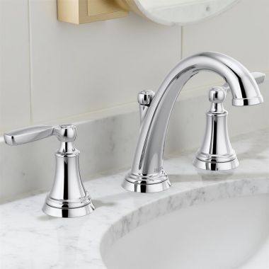 Click here to see Delta 3532LF-MPU Delta Woodhurst Widespread Two-Handle Lavatory Faucet with Metal Pop-Up Drain, 1.2 GPM, Lever Handles, Chrome - 3532LF-MPU