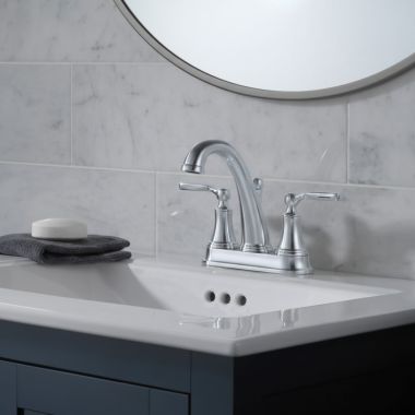 Click here to see Delta 2532LF-TP Delta Woodhurst Two-Handle Centerset Bathroom Faucet, Tract-Pack, 50/50 Pop-Up, 1.2 GPM, Chrome - 2532LF-TP