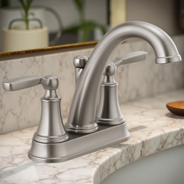 Click here to see Delta 2532LF-SSMPU Delta Woodhurst Two-Handle Centerset Bathroom Faucet with Metal Pop-Up, Deck Mount, Lever Handles, 1.2 GPM, Stainless - 2532LF-SSMPU