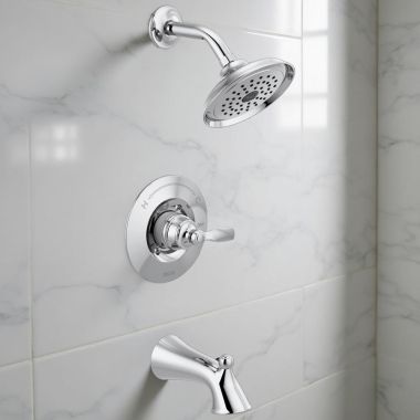 Click here to see Delta T14432 Delta Woodhurst Monitor 14 Series Single-Handle Tub/Shower Faucet with Rain Showerhead, Touch-Clean, 1.75 GPM, Lever Handle, Chrome - T14432