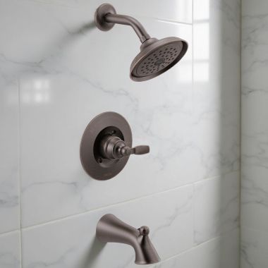 Click here to see Delta T14432-RB Delta Woodhurst Monitor 14 Series Single-Handle Tub/Shower Faucet with Rain Showerhead, Touch-Clean, 1.75 GPM, Lever Handle, Venetian Bronze - T14432-RB