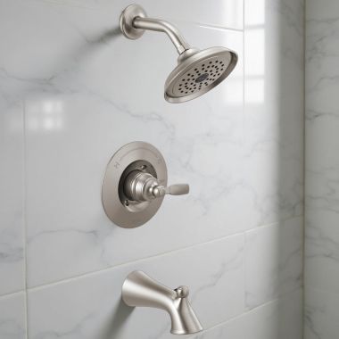 Click here to see Delta T14432-SS Delta Woodhurst Monitor 14 Series Single-Handle Tub/Shower Faucet with Rain Showerhead, Touch-Clean, 1.75 GPM, Lever Handle, Stainless - T14432-SS