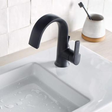 Click here to see Moen S6910BL Moen Doux Single-Handle Matte Black Bathroom Faucet with Metal Pop-Up and Escutcheon, Lever Handle, 1.2 GPM, Single-Hole, WaterSense - S6910BL