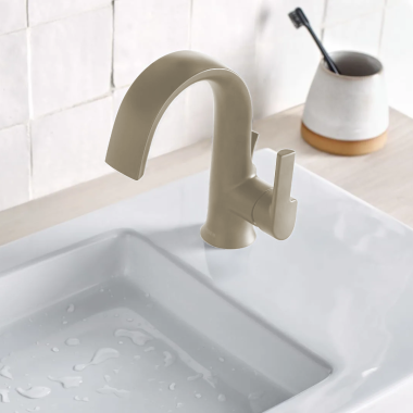 Click here to see Moen S6910BN Moen Doux Single-Handle Brushed Nickel Bathroom Faucet with Metal Pop-Up and Escutcheon, Lever Handle, 1.2 GPM, Single-Hole, WaterSense - S6910BN
