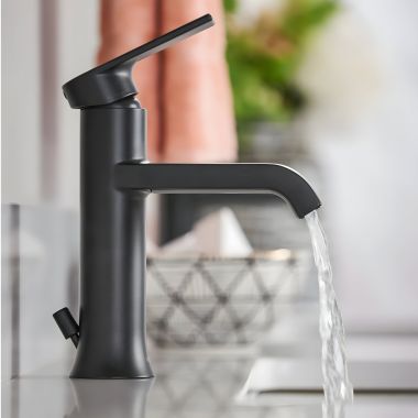 Click here to see Moen 6702BL Moen Genta LX Single-Handle Matte Black Bathroom Faucet with Metal Pop-Up and Escutcheon, Lever Handle with Red/Blue Indicators, 1.2 GPM, Single-Hole - 6702BL