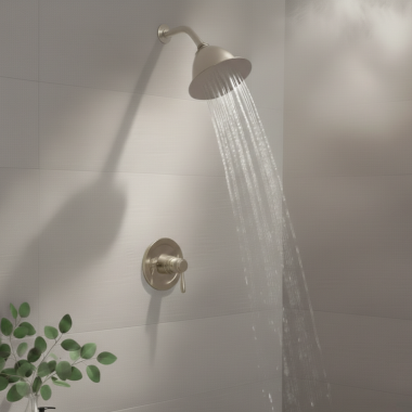 Click here to see Moen 6371BN Moen Single-Spray Function 4in Shower Head, Full Spray, 2.5 GPM, LifeShine Finish, Fixed Wall-Mount, Nonmetallic Spray Face, Brushed Nickel - 6371BN