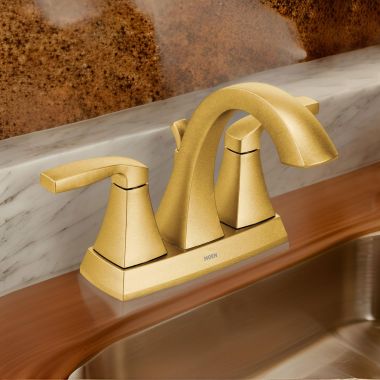 Click here to see Moen 6901BG Moen Voss Two-Handle High Arc Centerset Brushed Gold Bathroom Sink Faucet with Metal Pop-Up Drain and Lift Rod Assembly, 1.2 GPM, Lever Handles - 6901BG