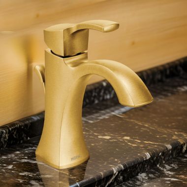 Click here to see Moen 6903BG Moen Voss Single-Handle High Arc Brushed Gold Bathroom Faucet with Escutcheon and Metal Pop-Up Drain, 1.2 GPM, Single-Hole - 6903BG