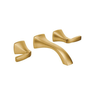 Click here to see Moen T6906BG Moen Voss Two-Handle Wall-Mount Brushed Gold Bathroom Faucet, 7-3/8 inches Spout, 1.2 GPM, 60 PSI, WaterSense, ADA, Lever Handles, Three-Holes - T6906BG