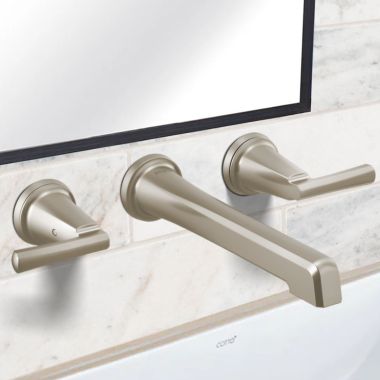 Click here to see Brizo T65898LF-NKLHP Brizo Levoir Two-Handle Wall-Mount Bathroom Faucet, Less Handles and Drain, 1.5 GPM, Brilliance Luxe Nickel - T65898LF-NKLHP