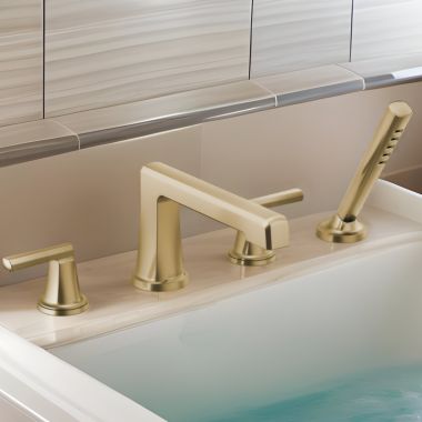 Click here to see Brizo T67498-GLLHP Brizo Levoir Two-Handle Roman Tub Faucet Trim with H2Okinetic Handshower, 4-Hole, Less Handles, Brilliance Luxe Gold - T67498-GLLHP