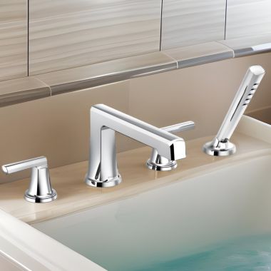 Click here to see Brizo T67498-PCLHP Brizo Levoir Two-Handle Roman Tub Faucet Trim with H2Okinetic Handshower, 4-Hole, Less Handles, Polished Chrome - T67498-PCLHP