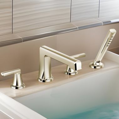 Click here to see Brizo T67498-PNLHP Brizo Levoir Two-Handle Roman Tub Faucet Trim with H2Okinetic Handshower, 4-Hole, Less Handles, Brilliance Polished Nickel - T67498-PNLHP