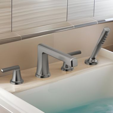 Click here to see Brizo T67498-SLLHP Brizo Levoir Two-Handle Roman Tub Faucet Trim with H2Okinetic Handshower, 4-Hole, Less Handles, Brilliance Luxe Steel - T67498-SLLHP