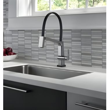 Click here to see Delta 9693T-AR-DST Delta Pivotal Touch2O Single-Handle Exposed Hose Kitchen Faucet, Arctic Stainless - 9693T-AR-DST