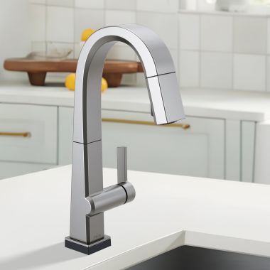 Click here to see Delta 9993T-AR-DST Delta Pivotal Pull-Down Bar/Prep Faucet With Touch2O, Single Handle, MagnaTite, Diamond Seal. ADA, 1.8 GPM, Arctic Stainless - 9993T-AR-DST