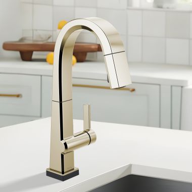 Click here to see Delta 9993T-PN-DST Delta Pivotal Pull-Down Bar/Prep Faucet With Touch2O, Single Handle, MagnaTite, DIAMOND Seal. ADA, 1.8 GPM, Polished Nickel - 9993T-PN-DST