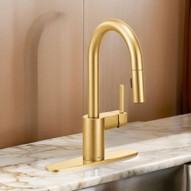 Click here to see Moen 5965BG Moen Align Single-Handle High Arc Pull-Down Bar/Prep Faucet, 1.5 GPM, Reflex, Power Clean, Duralock, Brushed Gold - 5965BG