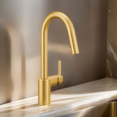 Click here to see Moen 7565BG Moen Align Single Handle High-Arc Pull-Down Kitchen Faucet, Brushed Gold - 7565BG
