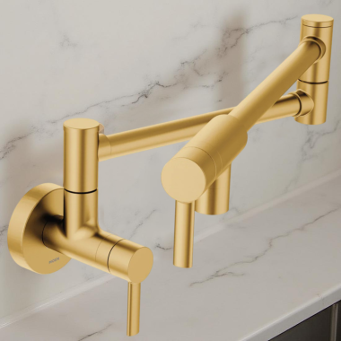 Click here to see Moen S665BG Moen Two-Handle Pot Filler Faucet w/ Dual Jointed Swing Arm, 5.5 GPM, Brushed Gold - S665BG