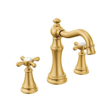 Click here to see Moen TS42114BG Moen Weymouth Two-Handle, High Arc Widespread Brushed Gold Bathroom Faucet with Cross Handles, 1.2 GPM, 60 PSI, WaterSense, ADA, Lever Handles, Three-Holes - TS42114BG