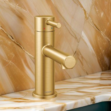 Click here to see Moen 6190BG Moen Align Single-Handle High-Arc Brushed Gold Bathroom Faucet with Metal Pop-Up and Red/Blue Indicators, 1.2 GPM, ADA Lever Handle, Single-Hole - 6190BG