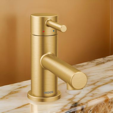 Click here to see Moen 6191BG Moen Align One-Handle Low Arc Brushed Gold Bathroom Faucet with Metal Pop-up and Red/Blue Indicators, 1.2 GPM, ADA Lever Handle, WaterSense - 6191BG 
