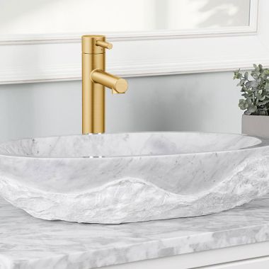 Click here to see Moen 6192BG Moen Align Single-Handle High-Arc Brushed Gold Vessel Bathroom Faucet with Red/Blue Indicator, 1.2 GPM, Lever Handle, Single-Hole, WaterSense - 6192BG