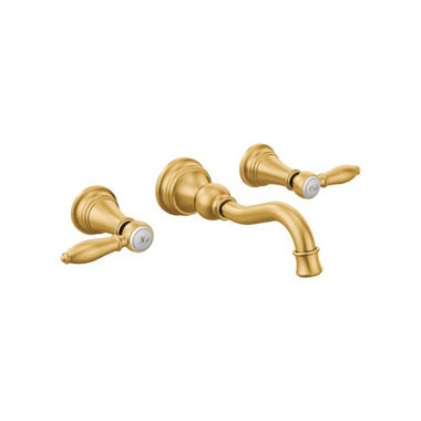 Click here to see Moen TS42106BG Moen  TS42106BG Weymouth Two-Handle Wall-Mount Widespread Bathroom Faucet, Lever Handles, Brushed Gold