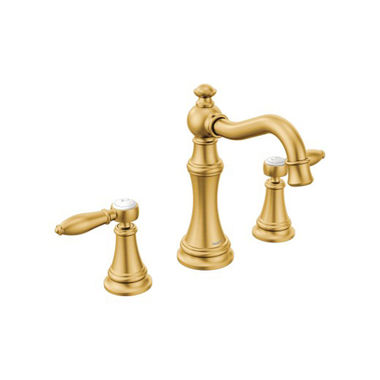 Click here to see Moen TS42108BG Moen Weymouth Two-Handle High Arc Widespread Brushed Gold Bathroom Faucet, Lever Handles, 1.2 GPM, 60 PSI, WaterSense, Lever Handles, Three-Holes - TS42108BG