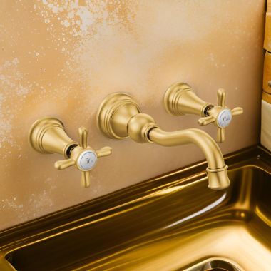 Click here to see Moen TS42112BG Moen Weymouth Two-Handle, Wall-Mount Widespread Brushed Gold Bathroom Faucet with Cross Handles, 1.2 GPM, WaterSense, Three-Holes - TS42112BG