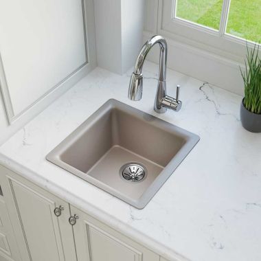Click here to see Elkay ELX1616SM0 Elkay Quartz Luxe Silvermist Bar Sink, 15-3/4in x 15-3/4in x 7-11/16in Dual Mount Single Bowl Sink - ELX1616SM0
