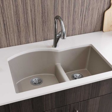 Click here to see Elkay ELXHU3322RSM0 Elkay Quartz Luxe Silvermist 60/40 Double Bowl Undermount Kitchen Sink with Aqua Divide - ELXHU3322RSM0