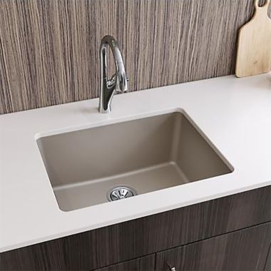 Click here to see Elkay ELXU2522SM0 Elkay Quartz Luxe Silvermist 25in x 19in x 10in Single Bowl Undermount Kitchen Sink, Rear Center Drain - ELXU2522SM0  