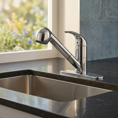 Click here to see Transolid T3520-PC Transolid Beckett  Single Lever Pull-Out Kitchen Faucet, 1.8 GPM, Polished Chrome - T3520-PC 