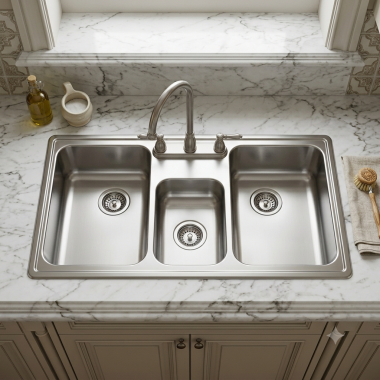 Click here to see Elkay PSMR43220 Elkay PSMR43220 Pacemaker Stainless Steel Triple Bowl Sink