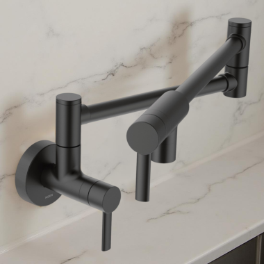 Click here to see Moen S665BL Moen Two-Handle Pot Filler Faucet w/ Dual Jointed Swing Arm, 5.5 GPM, Matte Black - S665BL