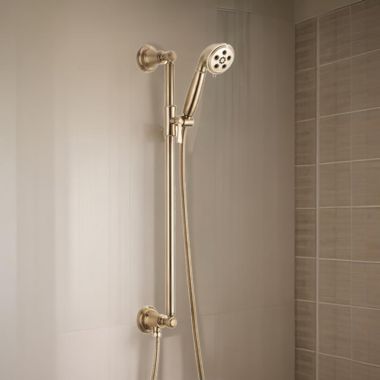 Click here to see Brizo 88761-GL Brizo Rook Three-Function Hand Shower with Slide Bar, H2Okinetic, WaterSense, 1.75 GPM, Brilliance Luxe Gold - 88761-GL