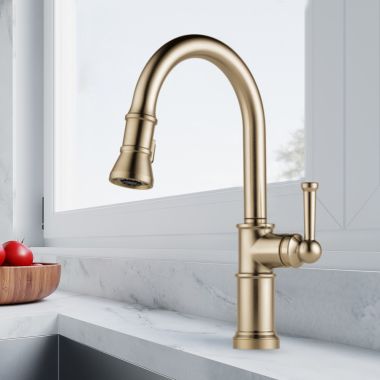 Click here to see Brizo 63025LF-GL Brizo Artesso Single-Handle Pull-Down Kitchen Faucet w/ 2-Function Sprayer, DIAMOND Seal, MagneDock, 1.8 GPM, Brilliance Luxe Gold - 63025LF-GL