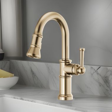 Click here to see Brizo 63925LF-GL Brizo Artesso Single-Handle Pull-Down Prep Faucet w/ 2-Function Sprayer, DIAMOND Seal, MagneDock, 1.8 GPM, Brilliance Luxe Gold - 63925LF-GL
