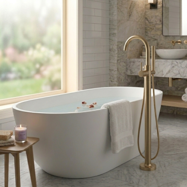 Click here to see  T70175-GL Brizo Odin Single-Handle Freestanding Tub Filler with Single-Function H2Okinetic Handshower, 1.75 GPM, Brilliance Luxe Gold - T70175-GL