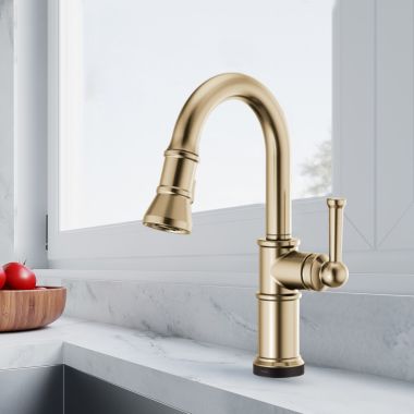 Click here to see Brizo 64925LF-GL Brizo Artesso Single-Handle Pull-Down Prep Faucet w/ 2-Function Sprayer, SmartTouch, MagneDock, 1.8 GPM, Brilliance Luxe Gold - 64925LF-GL