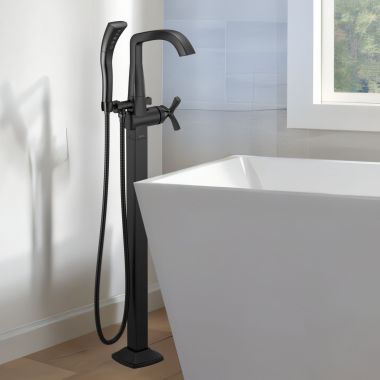 Click here to see Delta T47766-BLFL Delta Stryke Freestanding Tub Filler Trim with 1.75 GPM Single-Setting Hand Shower, H2Okinetic, Cross Handle, Matte Black - T47766-BLFL