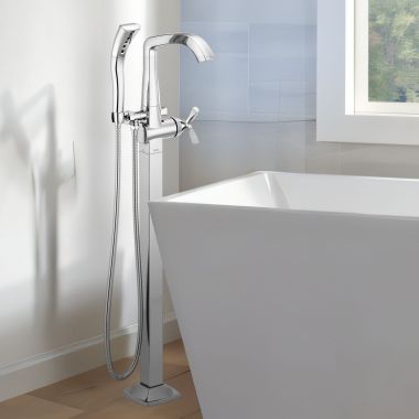 Click here to see Delta T47766-FL Delta Stryke Freestanding Tub Filler Trim with 1.75 GPM Single-Setting Hand Shower, H2Okinetic, Cross Handle, Chrome - T47766-FL